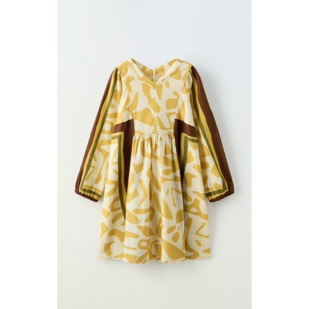 Zara V-neck Yellow/brown print3/4 Sleeve Linen Blend Dress NWT  Size 7